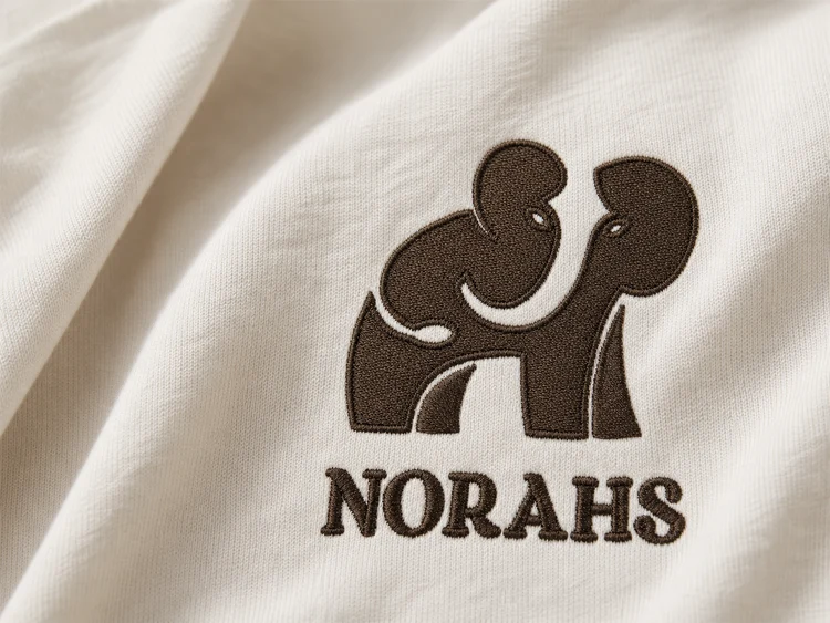 “Close-up of Brunette Brown elephant embroidery on natural Supima cotton”